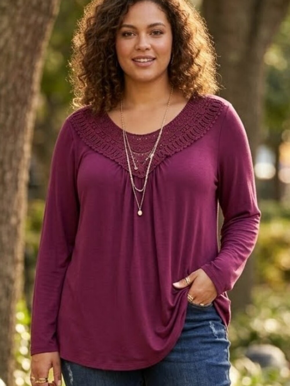 A Jesdani Women's Long Sleeve Crochet Yoke Top  In Burgundy Sz 2X Nwt